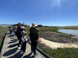 College students standing on a boardwalk overlooking a salt marsh.