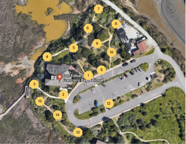 Numbered stops on the  trail at SF Bay NWR Complex in Alviso for the self-guided Story Walk Betty the Bee.