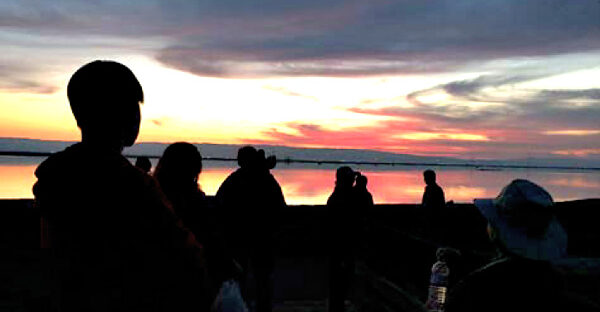 Silhouettes of visitors observing the marsh at sunset.